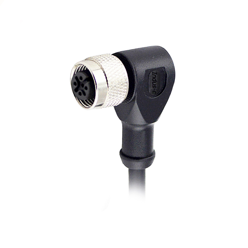 M12 4pins A code female right angle molded cable,shielded,PVC,-10°C~+80°C,22AWG 0.34mm²,brass with nickel plated screw
